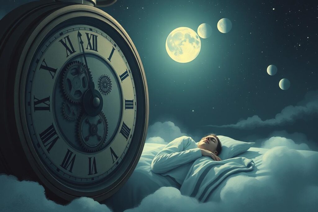 A Surreal, Dreamlike Illustration Depicting The Human Circadian Rhythm. In The Foreground, A Large Clock Face With Intricate Gears And Mechanisms, Its Hands Spinning Rapidly To Represent The Body'S Internal Clock. In The Middle Ground, A Human Figure Sleeping Peacefully, Enveloped In A Soft, Ethereal Light That Bathes The Scene. In The Background, A Starry Night Sky With Phases Of The Moon, Hinting At The Cyclical Nature Of Our Sleep-Wake Cycles. The Overall Tone Is One Of Tranquility And Introspection, Inviting The Viewer To Contemplate The Delicate Balance Of Our Biological Rhythms. Rendered In A Muted, Atmospheric Palette With A Sense Of Depth And Texture, The Image Evokes The Mysterious Workings Of The Body'S Internal Timekeeper.